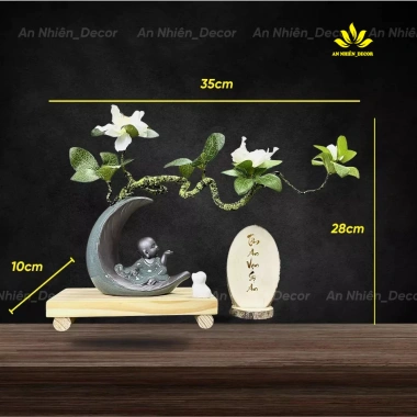 Kệ Gỗ Bình Bán Nguyệt Chú Tiểu và Hoa Đỗ Quyên, Chữ Thư Pháp - Trang Trí Góc Làm Việc và Phòng Khách, Tặng Phụ Kiện