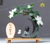 Kệ Gỗ Bình Bán Nguyệt Chú Tiểu và Hoa Đỗ Quyên, Chữ Thư Pháp - Trang Trí Góc Làm Việc và Phòng Khách, Tặng Phụ Kiện 3