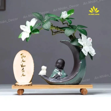 Kệ Gỗ Bình Bán Nguyệt Chú Tiểu và Hoa Đỗ Quyên, Chữ Thư Pháp - Trang Trí Góc Làm Việc và Phòng Khách, Tặng Phụ Kiện
