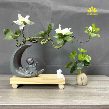 Kệ Gỗ Bình Bán Nguyệt Chú Tiểu và Hoa Đỗ Quyên, Chữ Thư Pháp - Trang Trí Góc Làm Việc và Phòng Khách, Tặng Phụ Kiện