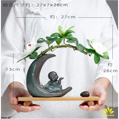 Kệ Gỗ Bình Bán Nguyệt Chú Tiểu và Hoa Đỗ Quyên, Chữ Thư Pháp - Trang Trí Góc Làm Việc và Phòng Khách, Tặng Phụ Kiện