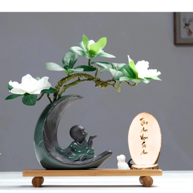 Kệ Gỗ Bình Bán Nguyệt Chú Tiểu và Hoa Đỗ Quyên, Chữ Thư Pháp - Trang Trí Góc Làm Việc và Phòng Khách, Tặng Phụ Kiện