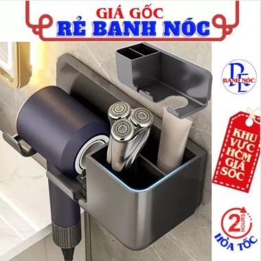 Kệ Treo Máy Sấy Tóc Dán Tường - Khe Móc Dây, Ống Đựng Lược, Chịu Lực, Giá 20.000₫