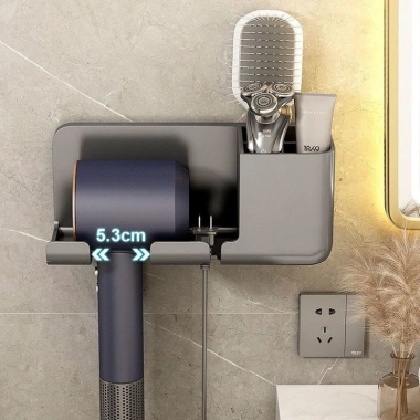 Kệ Treo Máy Sấy Tóc Dán Tường - Khe Móc Dây, Ống Đựng Lược, Chịu Lực, Giá 20.000₫