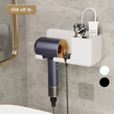 Kệ Treo Máy Sấy Tóc Dán Tường - Khe Móc Dây, Ống Đựng Lược, Chịu Lực, Giá 20.000₫