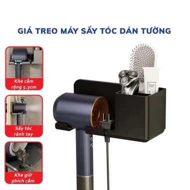 Kệ Treo Máy Sấy Tóc Dán Tường - Khe Móc Dây, Ống Đựng Lược, Chịu Lực, Giá 20.000₫