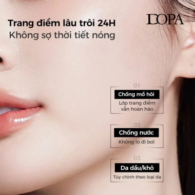 Kem nền DOPA bền màu 24h, kiểm soát dầu, chống nước & mồ hôi, da mịn suốt ngày
