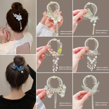 Kẹp tóc búi dự tiệc vòng trái tim đính hạt mới cổ điển hoa linh lan tua rua