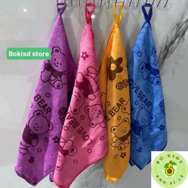 Khăn lau bếp họa tiết gấu 30x30cm - lau ô tô, bàn, chén đĩa, móc treo, hàng Việt Nam