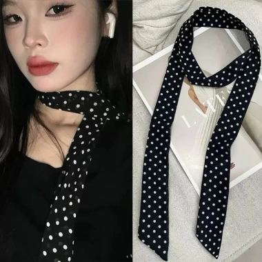 Khăn phụ kiện hoạ tiết chấm bi dây turban nâu đen, quàng cổ, đai quần, dễ phối nữ 9