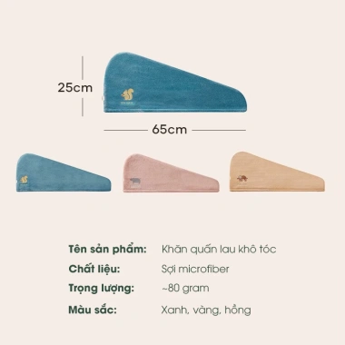 Khăn Quấn Tóc Khô Nhanh, Mềm Mại, Thấm Hút Tốt, 1 Lớp Siêu Tốc, Có Nút Cài, Thêu Hoạt Hình – Giá 35.000đ