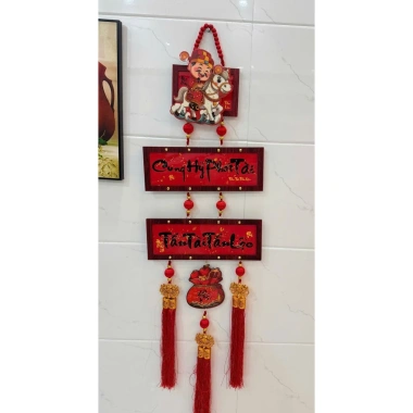 Khánh Treo Tết Thần Tài Lắc Cưỡi Ngựa 3 Tầng Liễn Gỗ Đỏ Cung Hỷ Phát Tài - Trang Trí Nhà Cửa Đón Lộc Bính Ngọ
