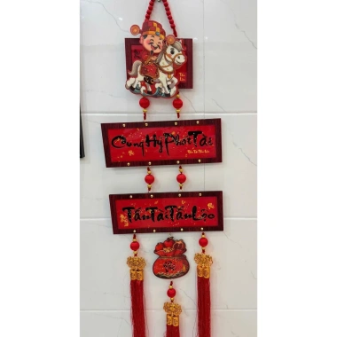 Khánh Treo Tết Thần Tài Lắc Cưỡi Ngựa 3 Tầng Liễn Gỗ Đỏ Cung Hỷ Phát Tài - Trang Trí Nhà Cửa Đón Lộc Bính Ngọ