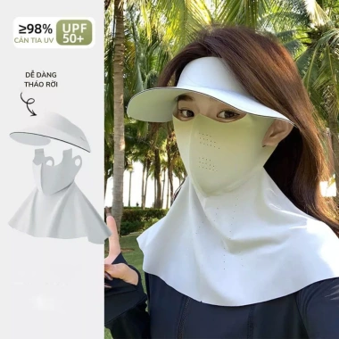 Khẩu trang KT14 + mũ UV UPF50+ lụa băng mát lạnh, che kín mặt cổ, chạy xe du lịch 10