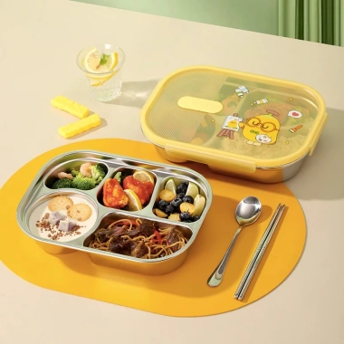 Khay cơm inox 304 4-5 ngăn có nắp cho bé, màu xanh‑vàng họa tiết dễ thương CJ-004 90.999đ 7