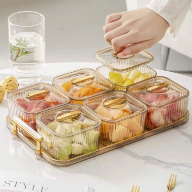 Khay Đựng Bánh Kẹo Mứt Tết 2.026 - Bộ 6 Hộp Nắp Đậy Màu Hồ Phách Sang Trọng, Giá 175k