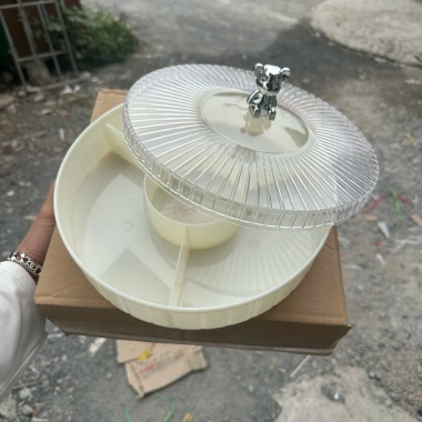 Khay đựng bánh kẹo Tết 2 tầng phong cách châu Âu, khay mứt tròn hình gấu mạ bạc - Giá chỉ 39.999đ