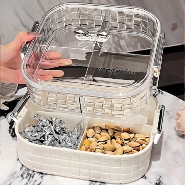 Khay Đựng Bánh Kẹo Vân Kim Cương Chia Ngăn, Hộp Mứt Hoa Quả Tết 2.026 Nắp Núm Tròn Chống ẩm