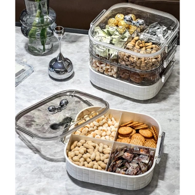Khay Đựng Bánh Kẹo Vân Kim Cương Chia Ngăn, Hộp Mứt Hoa Quả Tết 2.026 Nắp Núm Tròn Chống ẩm