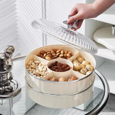 Khay Đựng Mứt Bánh Kẹo Tết Nhựa 3/2 Tầng Ngăn Trong Suốt + Nơ Hồng, Giá 199.000₫