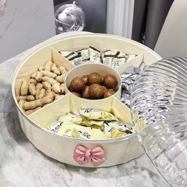 Khay Đựng Mứt Bánh Kẹo Tết Nhựa 3/2 Tầng Ngăn Trong Suốt + Nơ Hồng, Giá 199.000₫