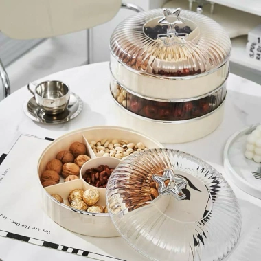 Khay Đựng Mứt Bánh Kẹo Tết Nhựa 3/2 Tầng Ngăn Trong Suốt + Nơ Hồng, Giá 199.000₫