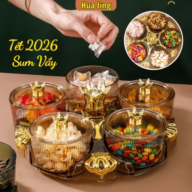 Khay đựng Mứt Tết 5 hũ tròn nhựa cao cấp có nắp đậy sang trọng - Huajing 170k