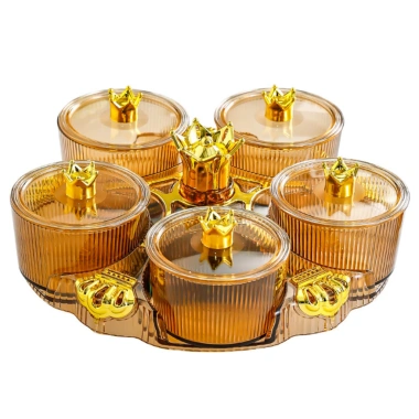 Khay đựng Mứt Tết 5 hũ tròn nhựa cao cấp có nắp đậy sang trọng - Huajing 170k