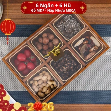 Khay Đựng Mứt Tết 6 Ngăn Gỗ Óc Chó Bền Đẹp, Kèm 6 Hũ Cao Cấp, Hộp Bánh Kẹo Sang Trọng Giá 120.000 VND