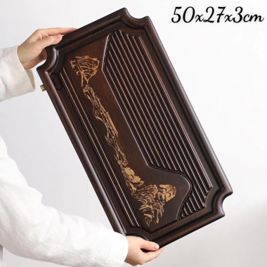 Khay gỗ cao cấp 4 góc nẹp đồng - Đựng trà, ấm chén, 43x27x5.5cm, gốm sứ cao cấp