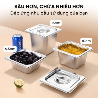 Khay inox Gorilla Chef 0.5‑9L có nắp – Đựng thực phẩm, topping bền bỉ, giá 35.000₫