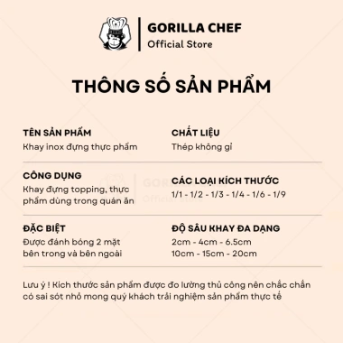 Khay inox Gorilla Chef 0.5‑9L có nắp – Đựng thực phẩm, topping bền bỉ, giá 35.000₫