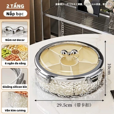 Khay Mứt Tết TORO 6 Ngăn Tròn 2 Lớp Nắp Nơ, Hộp Đựng Bánh Kẹo 2 Tầng Vân Kim Cương Cao Cấp, Giá chỉ 209.000 VND