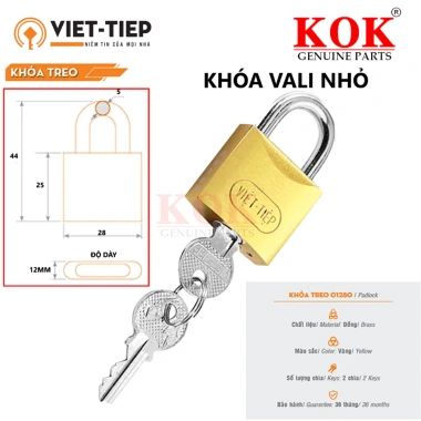 Khóa treo Việt Tiệp 1.280 khóa vali vàng, khóa cầu 5mm dày 12mm, 2 chìa khóa KOK