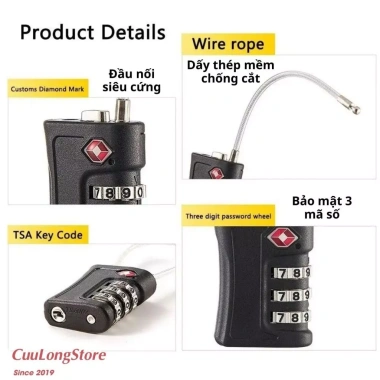 Khoá Vali TSA Mã Số, Mật Khẩu Bảo Mật, Chống Trộm, Dây Túi Xách Du Lịch - 95k