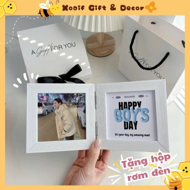 Khung ảnh gấp đôi 10x10cm - Quà Valentine cho người yêu, hộp rơm sang trọng, chỉ 99.000đ
