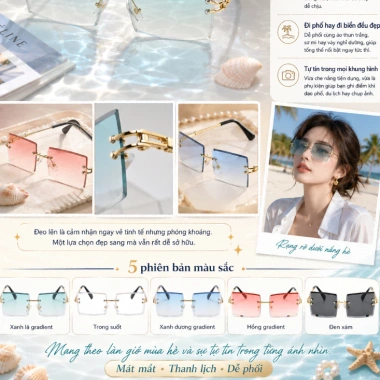 Kính râm không khung vuông Gradient - Thời trang Châu Âu Mỹ, giá ưu đãi 35.700₫