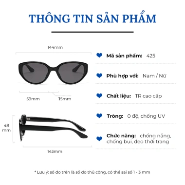 Kính râm mắt mèo phong cách Hàn Quốc UV400 cho nam nữ - Thời trang đi biển, đi chơi, bảo vệ mắt 425