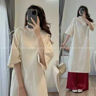 Kịp Tết Set áo dài cách tân nữ S.173 cổ tàu tay lửng dáng rộng 2 nơ vai - Giá ưu đãi 225k