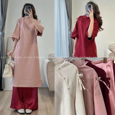 Kịp Tết Set áo dài cách tân nữ S.173 cổ tàu tay lửng dáng rộng 2 nơ vai - Giá ưu đãi 225k