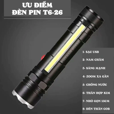 LED Loại 1 Đèn Pin Cầm Tay T6-26 COB Siêu Sáng 18.650 Sạc USB Zoom Xa Nam Châm 2