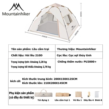 Lều cắm trại tự bung 3-4 người Mountainhiker - Chống nước mưa nắng, giá 859.000₫ 9