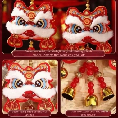 Liễn Khánh Tết 2.026 Hình Đầu Lân Lắc Chuông Ép Nhung Cao Cấp Treo Cửa Xe Hơi Tường Phủ Nhung Kim Tuyến 59.000