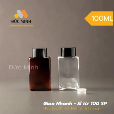 Lọ chiết chai nhựa dẹt trong nâu 100ml - Nắp nhựa đa dạng, giá chỉ 7.000đ