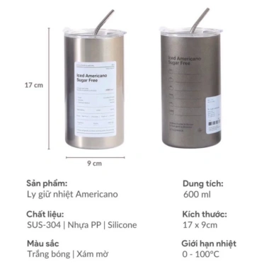 Ly Giữ Nhiệt Americano Inox 304 600ml Đúc Liền Cao Cấp, Nắp Đậy và Ống Hút Tặng 5