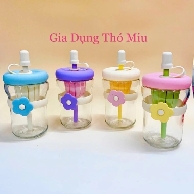 Ly Thuỷ Tinh 500ml Đai Silicon Hình Hoa + Ống Hút - Giá ưu đãi 46.900đ 3