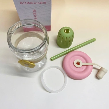 Ly Thuỷ Tinh 500ml Đai Silicon Hình Hoa + Ống Hút - Giá ưu đãi 46.900đ 9