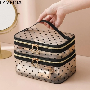 LYMEDIA Túi Trang Điểm Du Lịch Dung Tích Lớn Nylon Hai Lớp Xám Đen Nữ Thời Trang