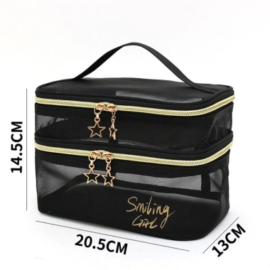 LYMEDIA Túi Trang Điểm Du Lịch Dung Tích Lớn Nylon Hai Lớp Xám Đen Nữ Thời Trang