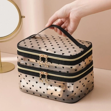 LYMEDIA Túi Trang Điểm Du Lịch Dung Tích Lớn Nylon Hai Lớp Xám Đen Nữ Thời Trang